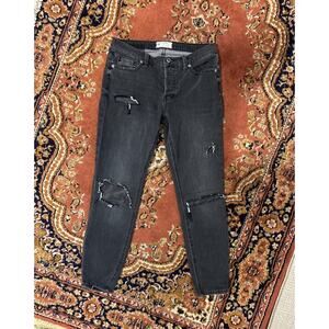 Free People Fishnet Patch Skinny Jean Button Fly Washed Out Black Womens 27